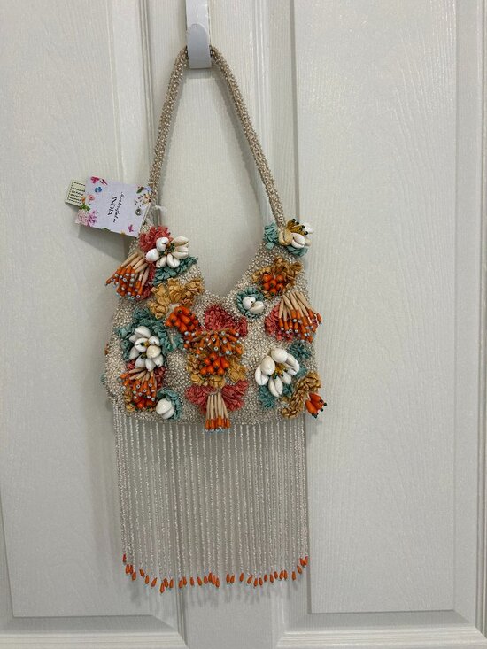 Beaded Fringed Seashells 3D Multicolor Shoulder Bag Handcrafted in India NWT